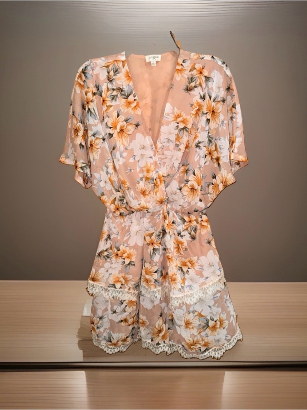 Umgee Women’s Peach Floral Lace-Trim Tiered Mini Dress-S-EC